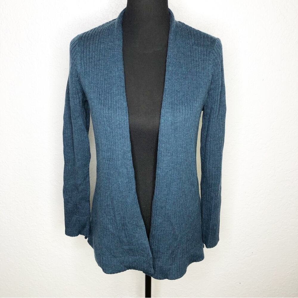 Eileen Fisher teal green blue ribbed knit merino wool cardigan size XS